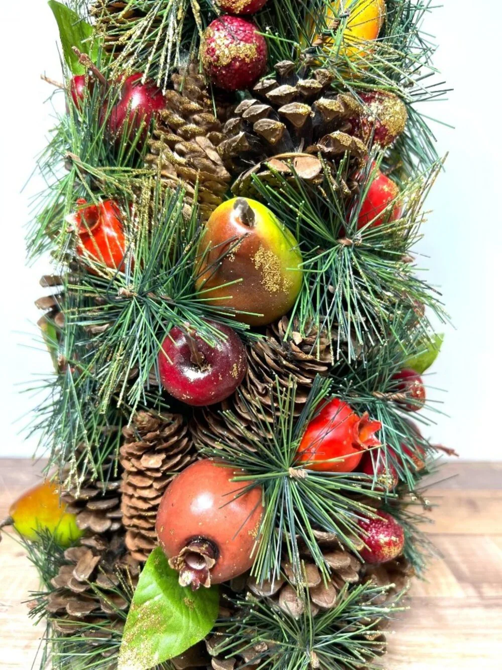 Holiday Centerpiece Pinecone Tree With Faux Fruit & Greenery Accents Glitter 17